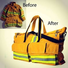 #Firefighter bunker gear turned into a duffle bag, another #DIY way to reuse old firefighter equipment and tools. #fireprotection Firefighter Equipment, Firefighter Bag, Old Jacket