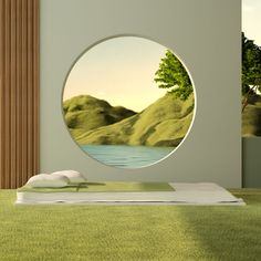 there is a circular window in the wall above a bed with pillows and sheets on it