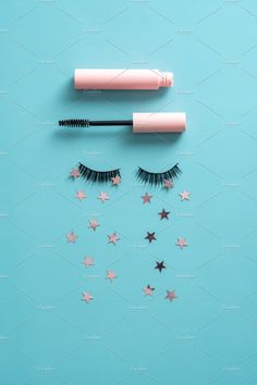 Mascara, false eyelashes, confetti Beautiful Scenery Photography, Eye Lashes, Email Design, Room Organization, False Eyelashes, Makeup Routine, Blue Background