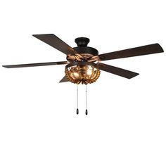 a ceiling fan with lights hanging from it's blades and a chandelier