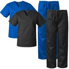 PACK 0F 2 - MedGear men's scrubs set, top and pants. The scrubs top features a V-neck, multi-stitch detail and back detail. The pants have 2 front pockets and 3 cargo pockets, and an elastic waist with drawstring. Size: M.  Color: Black.  Gender: unisex.  Age Group: adult. Women Scrubs, Mens Scrubs, Medical Uniforms, Scrub Sets, Scrub Tops, Scrubs, Age Group, Elastic Waist, Medical