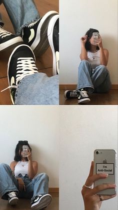 four different shots of a person sitting on the floor with their cell phone