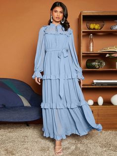 Women's Solid Color Mesh Contrast Ruffle Hem Long Sleeve Drawstring Waist Casual Dress Baby Blue Elegant  Long Sleeve Woven Fabric Plain A Line Non-Stretch  Women Clothing, size features are:Bust: ,Length: ,Sleeve Length: Vestido Casual, Ruffle Hem, Womens Maxi Dresses, Drawstring Waist, Baby Dress, All Fashion, Casual Dress, Latest Trends, Sleeve Length