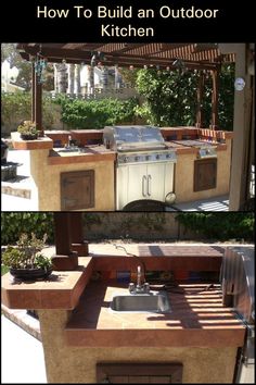 an outdoor kitchen built into the side of a house