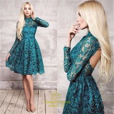 High Neck Long Sleeve Backless Knee Length Lace Party Dress A Line Homecoming Dress, Alena Shishkova, Long Sleeve Bandage Dress, Green Homecoming Dresses, Lady Like, Lace Party Dresses, Lace Prom Dress, White Dress Party, Lace Homecoming Dresses