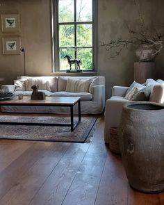 a living room with two couches and a coffee table in front of a window