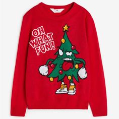 Nwt Kids H&M Holiday Sweater Size 8/10 Red Sweater With Holiday Tree “Oh What Fun” 100% Acrylic Long Sleeve Round Neck Retails $20 Playful Cotton Winter Sweater, Playful Cotton Sweater For Winter, Playful Cotton Winter Tops, Playful Winter Cotton Tops, Playful Cotton Tops For Winter, Playful Long Sleeve Holiday Tops, Fun Red Tops For Fall, Playful Red Cotton Sweater, Fun Winter Sweater With Graphic Print