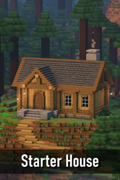 a small wooden house in the middle of a forest with trees and bushes around it