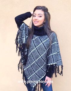 "Boho fringe Kimono cardigan poncho, Top best selling shops items, plus size kimono clothing, women ponchos, gifts for best friends, PiYOYO Pretty solid multi pattern knit fringe hem lightweight women poncho. This is a great gift item for this winter. Very comfortable made with 100% acrylic. Worn open in front like a kimono, but with all the easy wear ability of a poncho and shawl, This Fringe Kimono is effortless chic. Worn like a cape, with open arm sleeves!  CUSTOMER FEEDBACK: @@love it. migh Fringe Long Sleeve Poncho For Fall, Long Sleeve Fringe Poncho For Fall, Fringed Long Sleeve Poncho For Fall, Long Sleeve Fringe Poncho, Winter Cape With Tassels, Cozy Winter Poncho With Fringe, Casual Winter Poncho With Tassels, Fringe Cape Poncho For Fall, Fringe Poncho Cape For Fall