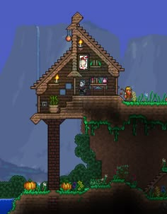 an old computer game with a house on the cliff