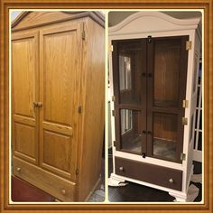 two pictures side by side one has a cabinet and the other has a birdcage in it