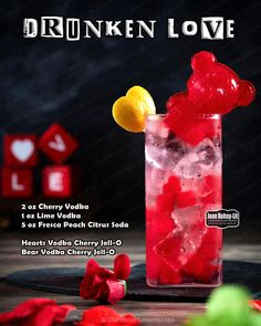 the drink is made with red liquid and ice cubes, including lemon wedges