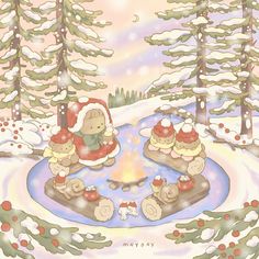 a christmas card with teddy bears sitting around a campfire in the snow, surrounded by pine trees