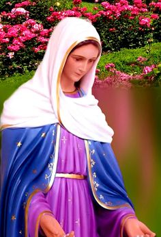 a statue of the virgin mary with flowers in the background