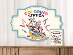 mickey mouse and friends coloring station sign next to wooden cabinet