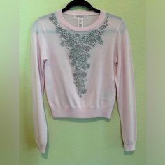 Giambattista Valli X H&M Pink Rhinestone Sweater Size Xs. In Pristine Condition. Never Worn. Spring Pink Rhinestone Tops, Fitted Embellished Tops For Spring, Rhinestone Sweater, Boho Sweater, Waffle Knit Sweater, High Neck Sweater, Giambattista Valli, Striped Sleeve, Yellow Sweater