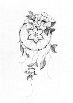 a black and white drawing of flowers with leaves on the bottom half of its head