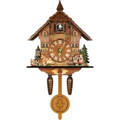 a wooden cuckoo clock on a white background