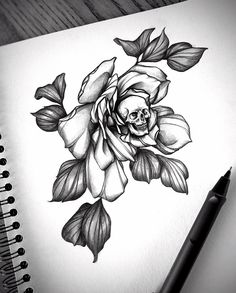 a pencil drawing of a rose with a skull on it's face and leaves