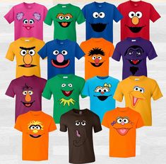 an assortment of sesame character t - shirts in various colors and sizes, all with different faces