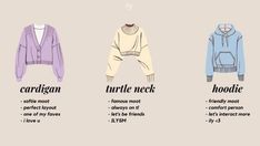 four different types of sweaters with the words turtle neck and hoodie