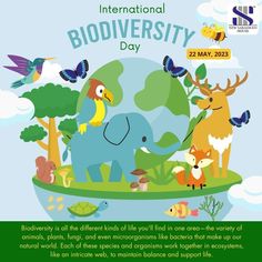 an advertisement for the international biodiversity day with animals, plants and birds