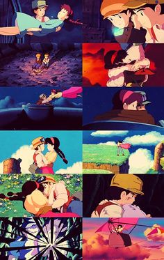 some cartoon characters in different scenes with one being kissing the other is holding an umbrella