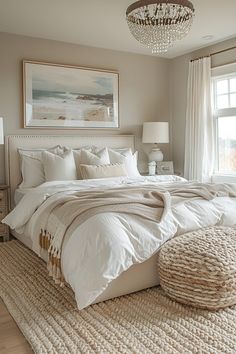 a bedroom with a large bed covered in white blankets and pillows, along with a chandelier