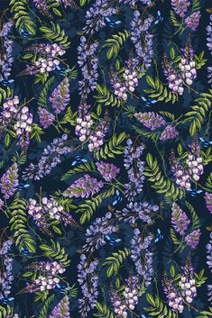 seamless floral pattern with purple flowers and green leaves on dark blue background - stock photo