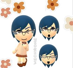 an animated girl with blue hair and glasses in front of flowered paper cutouts