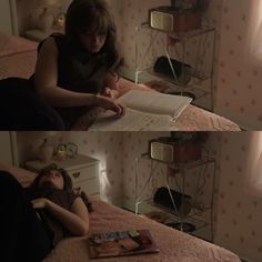 two images of a woman reading in bed and another image of a person laying on the bed