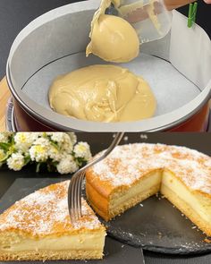 a cake being cut with a knife and fork