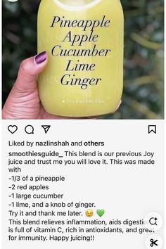 a person holding up a yellow jar with the words pineapple and cucumber lime ginger on it