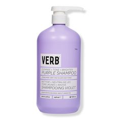 Purple Shampoo -  Verb Purple Shampoo cleanses and brightens to bring blondes back to life. Formulated with professional grade violet pigment and aa extract, this shampoo was designed to neutralize brassy yellow hues in blonde, grey and silver hair tones.    Benefits     Neutralizes brassy yellow hues in natural or color-treated blonde, grey and silver hair tones Gently cleanses and brightens hair     Key Ingredients     Violet pigment: helps cancel out yellow, brassy tones Aa extract: the purpl Purple Hair Toner, Grey And Silver Hair, Gray And Silver Hair, Shampoo For Blonde Hair, Blonde Back, Purple Shampoo For Blondes, Purple Conditioner, Brassy Hair, Color Safe Shampoo