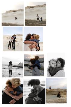 multiple images of people hugging each other on the beach with one woman holding her child