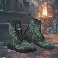 Step into a world where victorian dreams meet fierce style with our Green Lace Whimsigoth Combat Boots Handcrafted with love and cruelty-free materials, these boots are not just footwear, they're a statement! Made from durable canvas, they're as sturdy as they are stylish, perfect for your everyday adventures.  Whether you're strolling through the urban jungle or skipping through a meadow, these boots will be your trusty companions. The whimsical victorian lace design adds a touch of enchantment Witchy Boots, Boots Victorian, Lace Combat Boots, Girls Combat Boots, Fairy Grunge Aesthetic, Grunge Boots, Dark Fairycore, Combat Boots Style, Gothic Lace