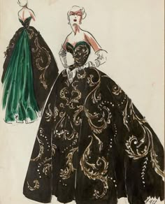 an illustration of a woman in a black and green dress with gold embellishments