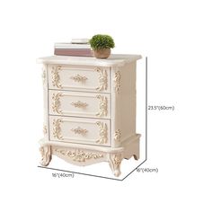 an image of a white chest of drawers with plants on top and measurements for each drawer