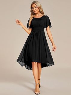 Flowy Chiffon Round Neckline A-Line Knee Length Wedding Guest Dress Islander Wedding, Chiffon Dress With Sleeves, Black Flowy Dress, Quincenera Dresses, Mother Of Bride Dresses, Jovani Dresses, Chiffon Evening Dresses, Ever Pretty, Lotus Leaf