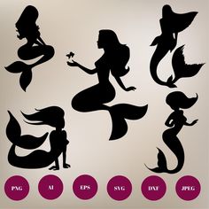 the silhouettes of different mermaids are shown