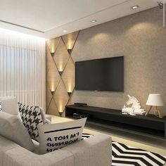 a modern living room with black and white decor