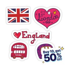 four stickers with the words england, buy 10 get 50 % off