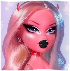 a doll with long blonde hair and horns on it's head, wearing a red choker