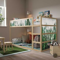 a child's bedroom with bunk beds and toys