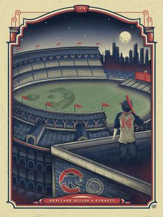 an illustration of a baseball stadium with a man standing on the bleachers looking out