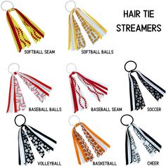 Our sports print hair tie streamers are perfect for athletes and fans alike! Our ribbon ponytail holders will be a great addition to your uniform or fan gear. They are comfortable, lightweight, and look amazing on the field or court. These would make a perfect gift. Give them a try and see how much you and your friends love them! COMFORTABLE: Our hair tie streamers have Grosgrain ribbon that is about 6.5 inches in length and a rubber 4mm pony 0 that is 2x2 inches. The ribbon is 100% Polyester an Hair Tie Ribbon, Hair Streamer, Ribbon Ponytail, Ribbon Streamers, Sports Hair, Ribbon Hair Ties, Sport Hair, Tie Ribbon, Soccer Sports