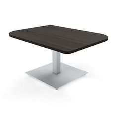 an image of a square dining table with metal base and black top on white background