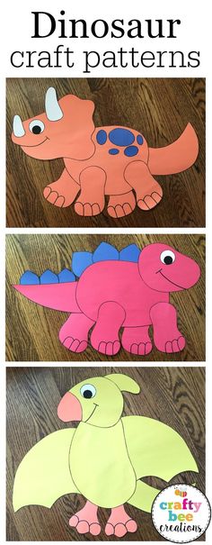 three different paper dinosaurs with the words dinosaur craft patterns on them