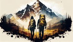 two people with backpacks walking in front of a mountain