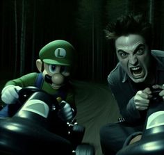 mario kart and luigi in an animated video game, one is holding the steering wheel